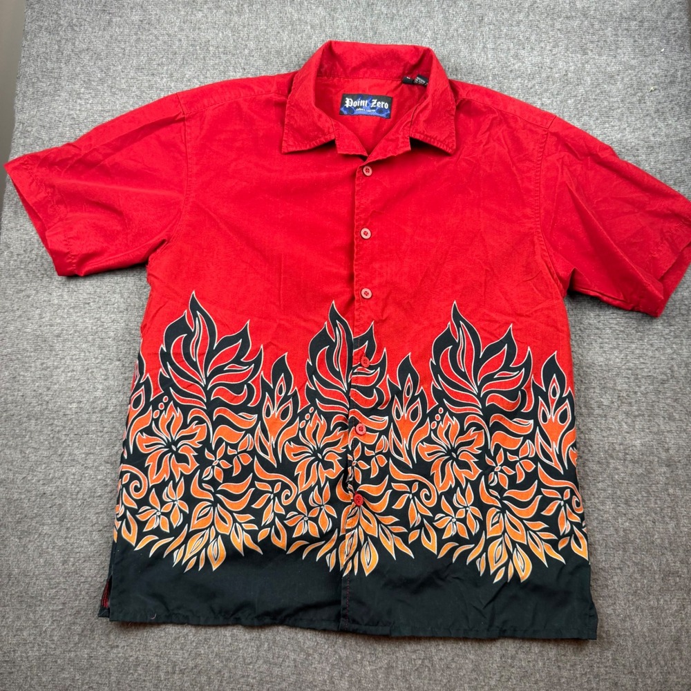 VINTAGE Point Zero Button Up Shirt Mens Large Red Flame Floral Short Sleeve